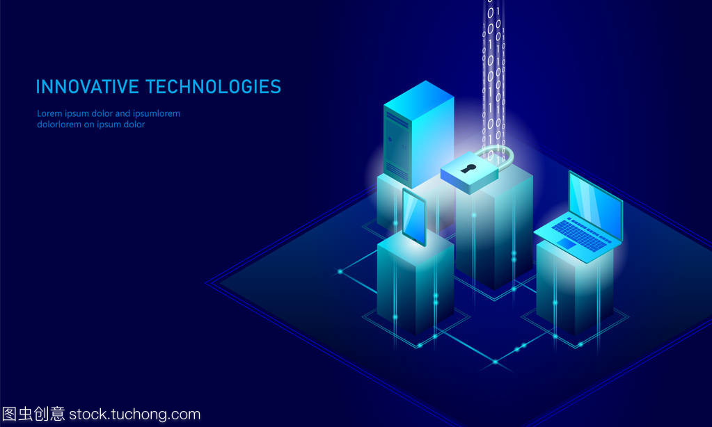 等距互聯(lián)網(wǎng)安全鎖業(yè)務(wù)理念。藍色發(fā)光等距個人信息數(shù)據(jù)連接 pc 智能手機未來技術(shù)。3d 圖表矢量圖